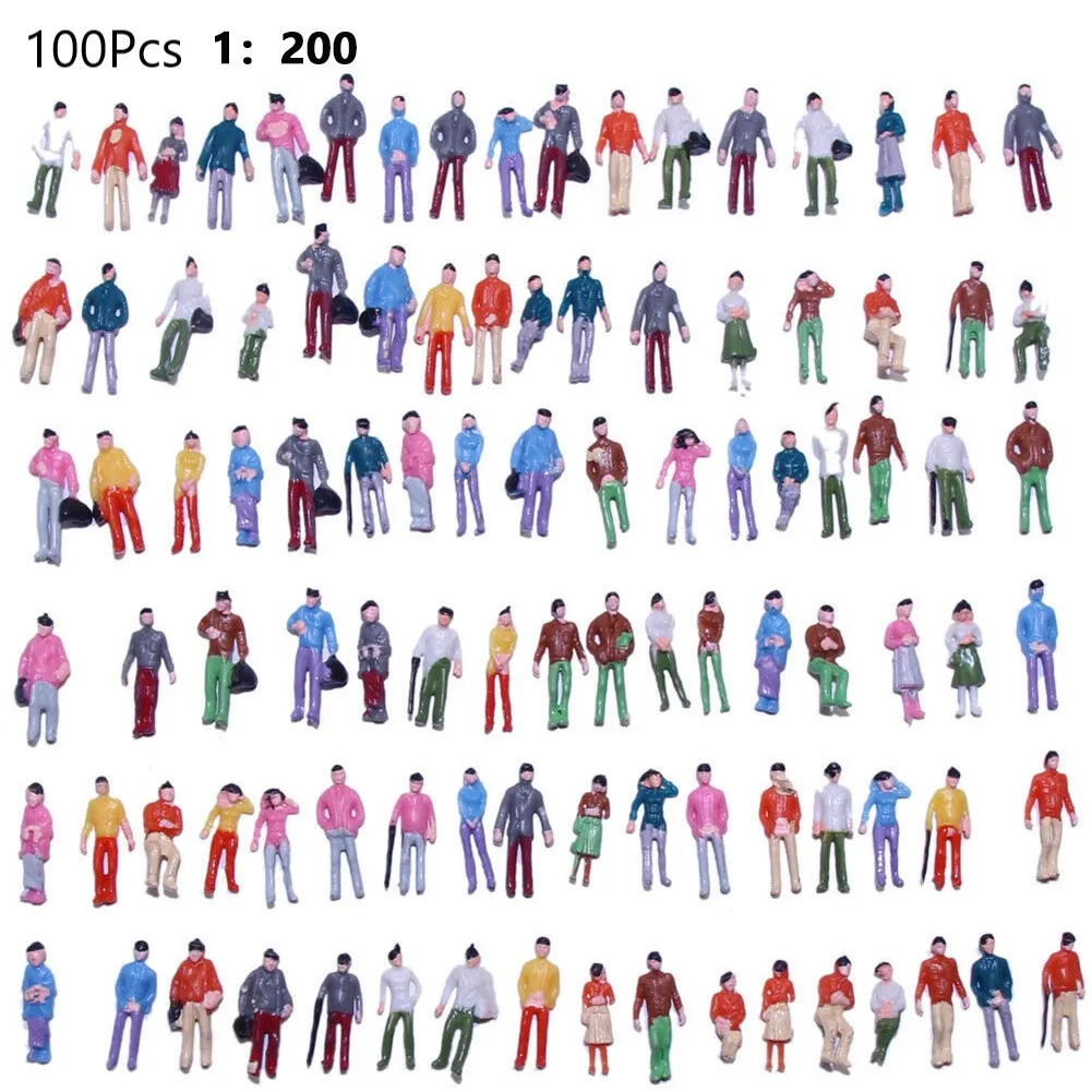 100 шт Окрашенные фигуры масштаб 1:200, модели людей, миниатюрные фигурки в масштабе N, окрашенные сцены, моделирование людей, разные позы