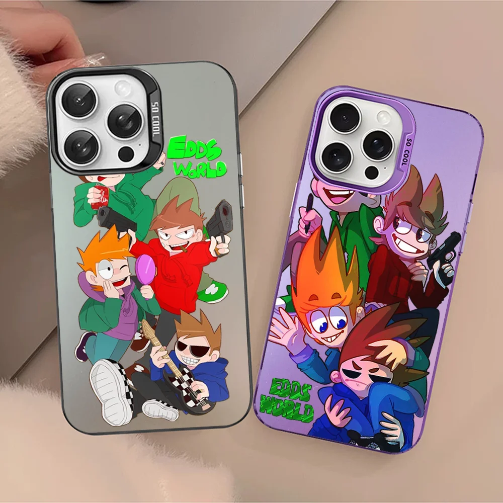 Милый мультяшный чехол для телефона Eddsworld, чехол для телефона для IPhone 16, 15, 14, 13, 12, 11 Pro Max, серый, матовый, лазерный, металлик, Аврора, принципиально