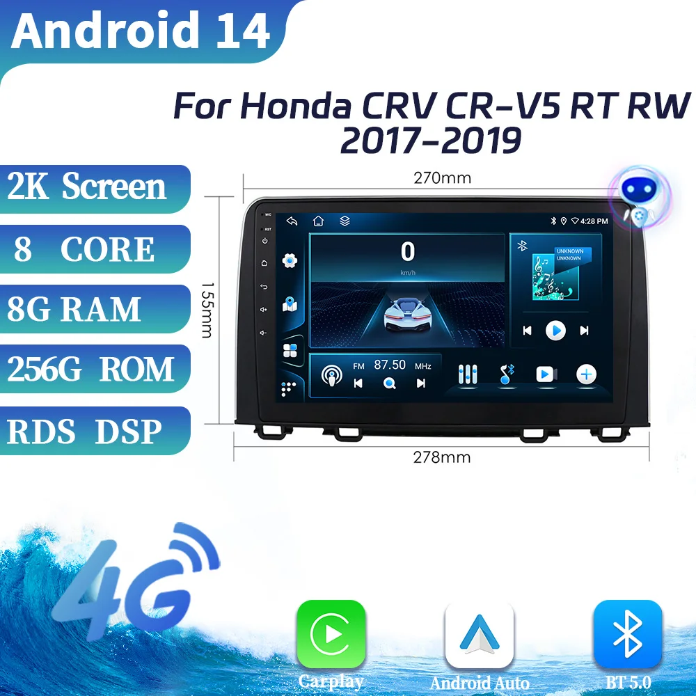 Для Honda CRV CR-V 5 RT RW 2017-2019 Android OS автомобильное радио, мультимедийный центр, GPS-навигация, беспроводной Carplay, сенсорный экран, стерео