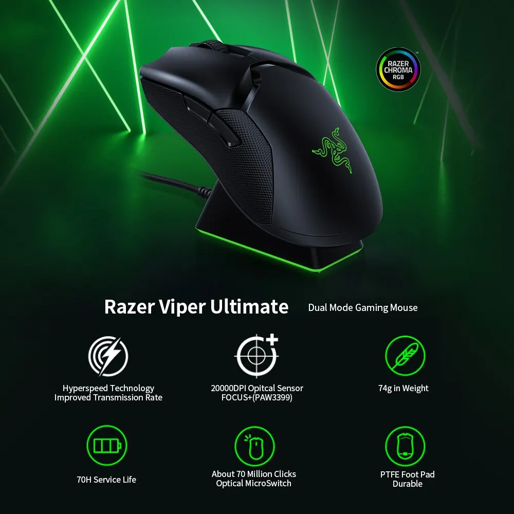 Беспроводная игровая мышь Razer Viper Ultimate Hyperspeed RGB, оптический датчик, 20000DPI, 8 программируемых кнопок для компьютера