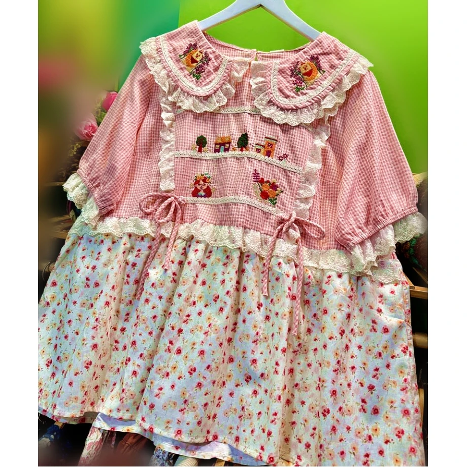 Летняя хлопковая лоскутная клетчатая кружевная милая Лолита Kawaii, милая блузка для женщин, корейские топы Mori Girl, рубашки