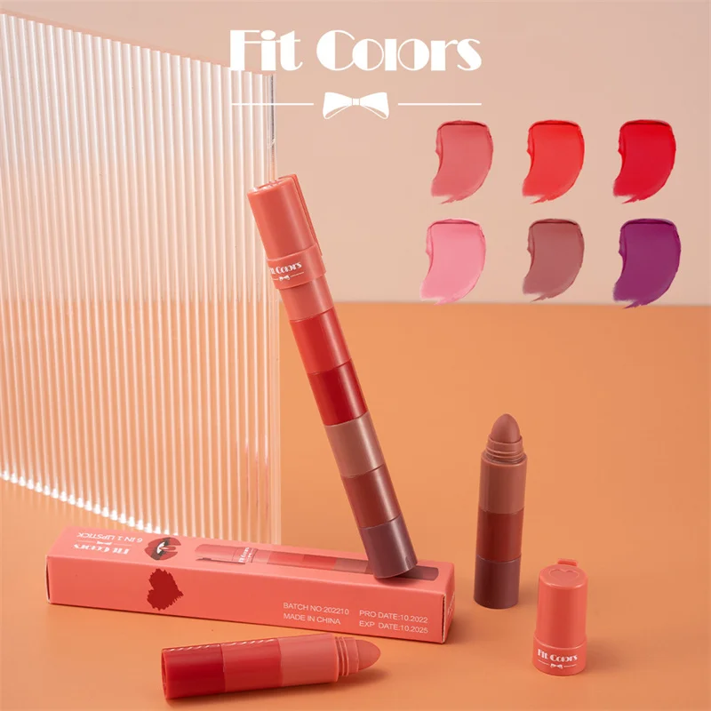 Фото Матовая помада Fit Colors 6 в 1, портативная бархатная компактная антипригарная помада, ручка, креативная косметика для губ, макияж №2