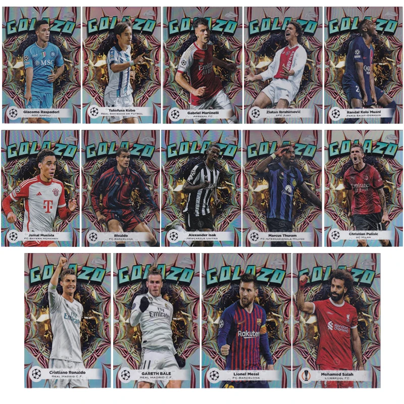 Panini 2024, хромированные спиральные карты Golazo, футбольные звезды, Криштиану Роналду, Месси, Салах, Pulisic, лазерная коллекционная карта с автографом