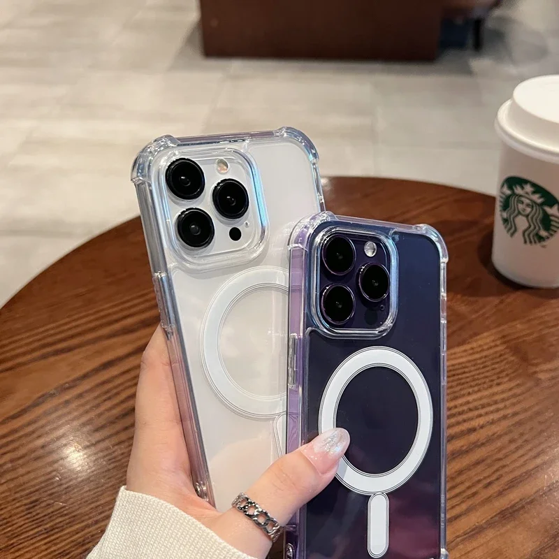 Фото Ударопрочный Магнитный Прозрачный чехол для iPhone 16 15 14 13 11 12 Pro Max 15 Plus Magsafe с беспроводной зарядкой акриловый прозрачный чехол №5