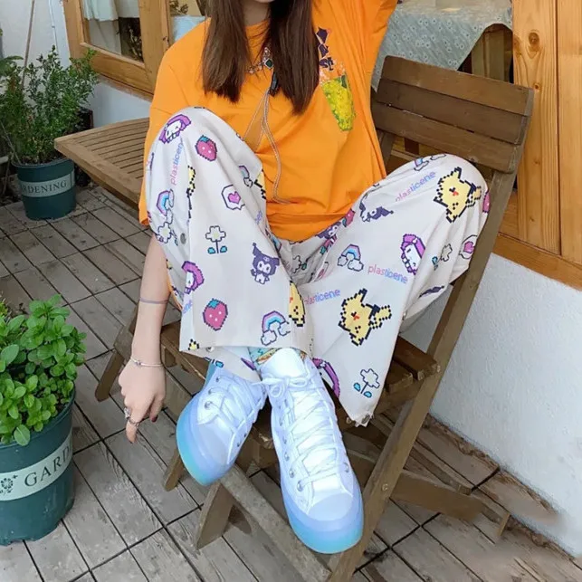 Пижамные штаны Sanrio Milk Huhu Clow M с мультяшным рисунком, Женская свободная облегающая одежда для отдыха, прямые брюки, повседневные штаны для прогулок