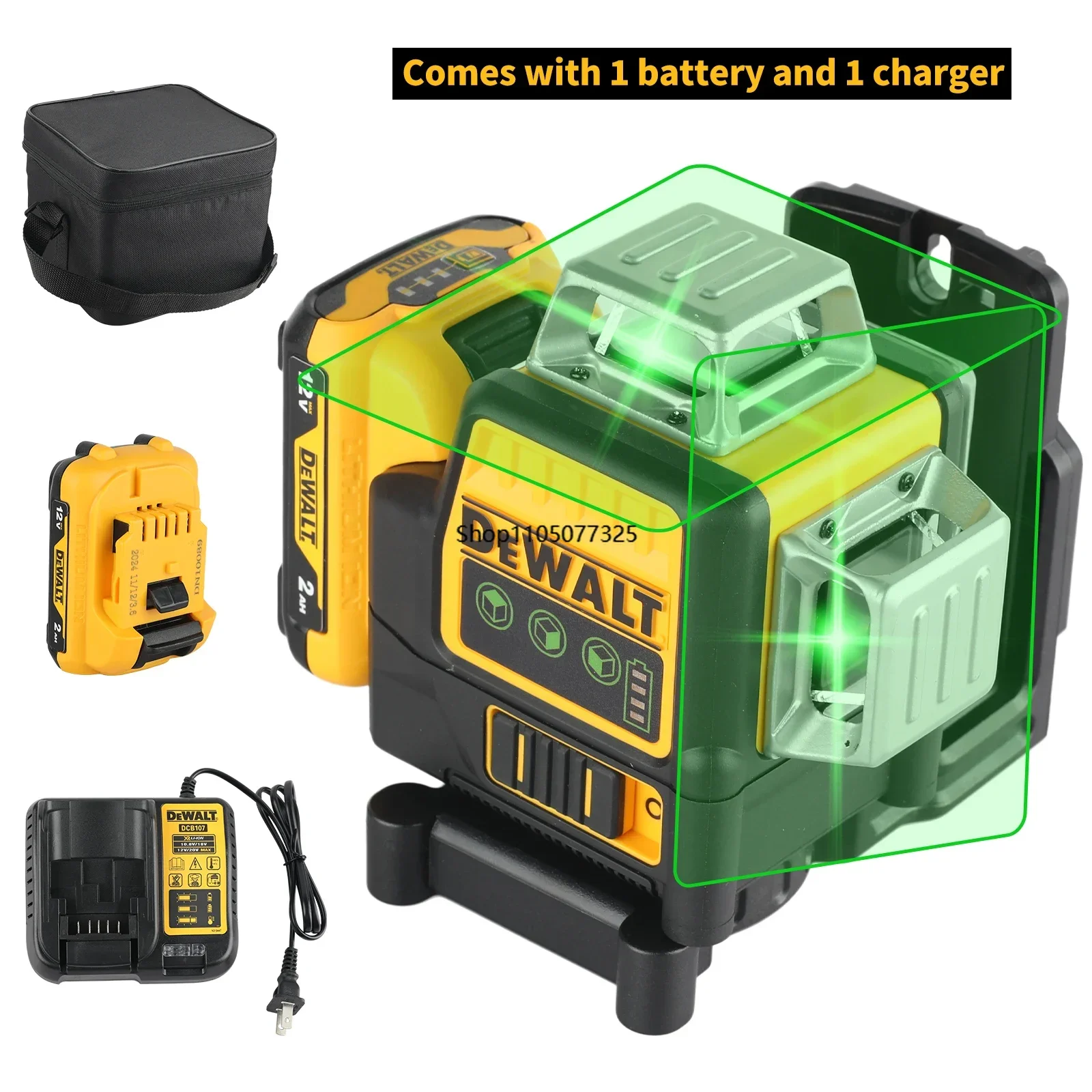 DEWALT DW089LG 3-сторонний вертикальный лазерный измеритель наружного уровня 360 Самовыравнивающийся лазер с зеленым лучом Литий-ионный аккумулятор Лазеры