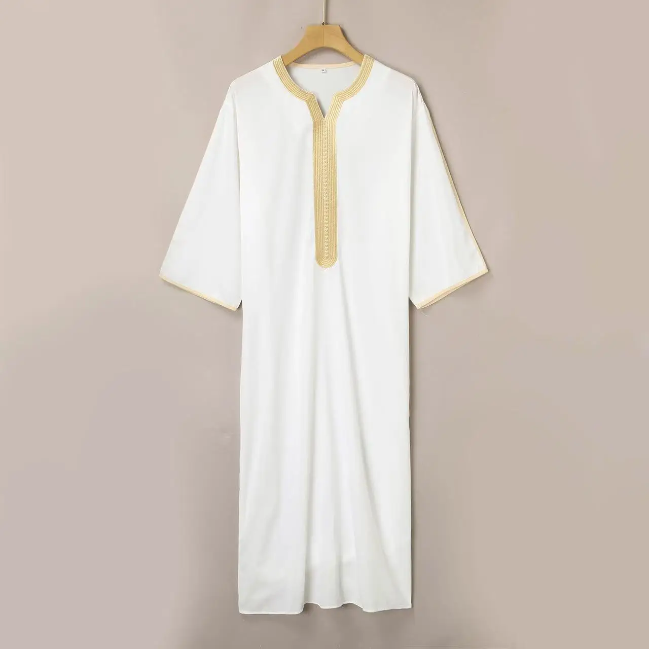 Фото Мужской кафтан Jubah, мусульманский халат с коротким рукавом и вышивкой в арабском этническом стиле, мужская исламская одежда №5