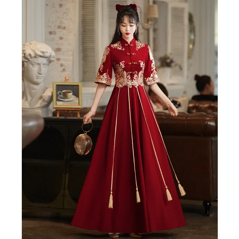 Бордовое платье невесты для свадебной вечеринки, женское платье Cheongsam в китайском стиле, элегантное длинное Ципао, сексуальные атласные тонкие платья, Vestidos XS-XXXL