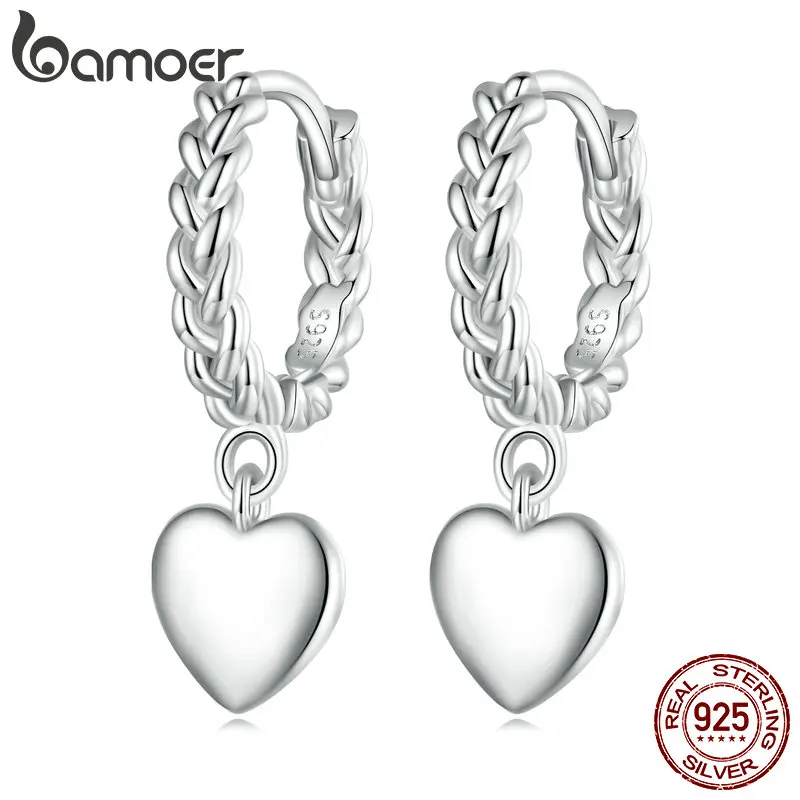 Bamoer, серебро 925 пробы, плетеная текстура, витые пряжки для ушей, серьги в форме сердца, серьги для женщин, подарок, модные ювелирные украшения ...