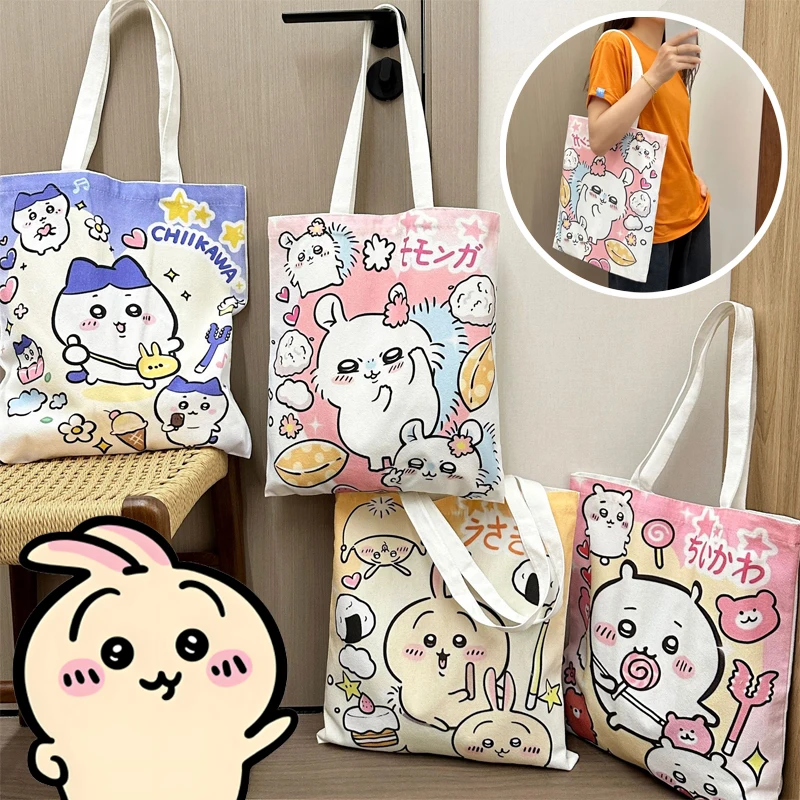 Chiikawa Женская Холщовая Сумка на плечо Hachiware Usagi, Женская Повседневная сумка, сумка-тоут, милая многоразовая вместительная сумка для покупок