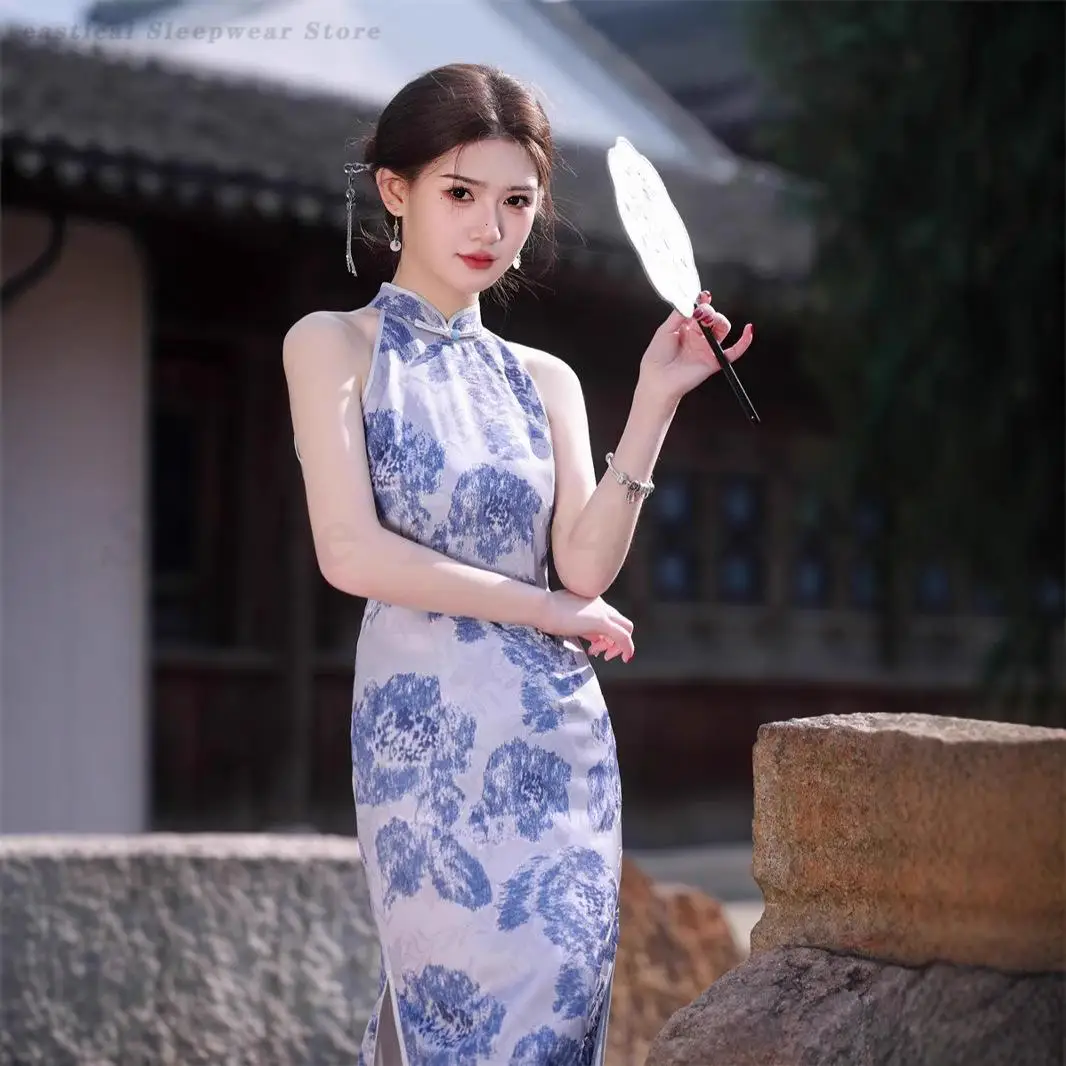 Новое Cheongsam без рукавов в китайском стиле, сексуальное облегающее платье Ципао с висячим вырезом, винтажное платье с цветочным принтом, модное вечернее платье