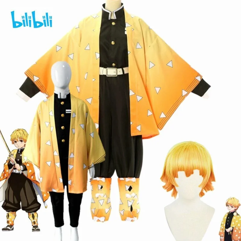 Новый 2025 Bilable аниме Demon Slayer Kimetsu no Yaiba Agatsuma Zenitsu кимоно косплей костюм униформа парик комплект Хэллоуин автомобиль Q5Q6