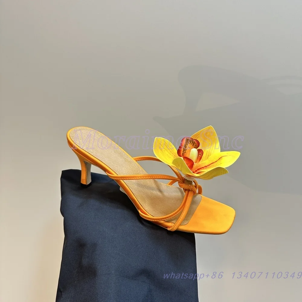 Phalaenopsis Decor тапочки с квадратным носком на тонком среднем каблуке с узкими ремешками, сексуальные модные женские летние шлепанцы, оранжевые однотонные 2025