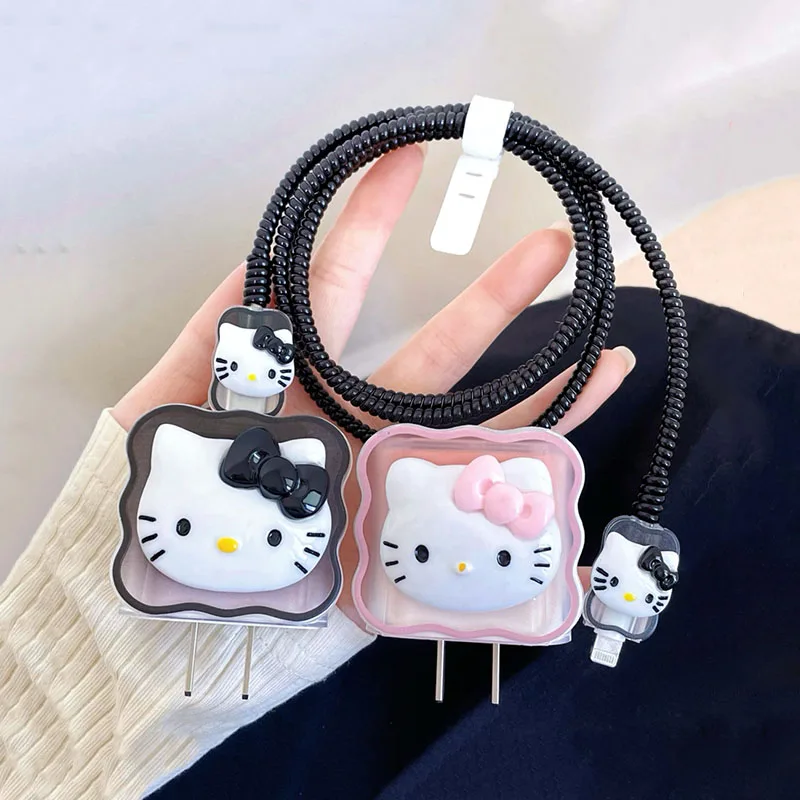 Kawaii Sanrio Hello Kittys Iphone Защита для зарядки головы милый персонаж из аниме 20 Вт Кабель для передачи данных протектор спутывающийся чехол
