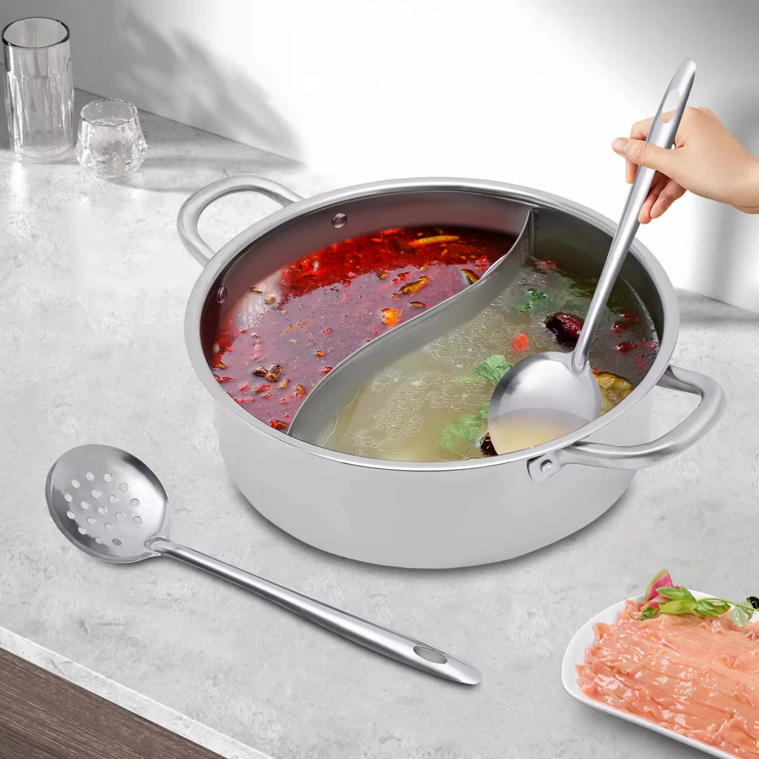 Фото Двухсторонний разделитель Shabu из нержавеющей стали для приготовления супа, горячая кастрюля, кухонная утварь с крышкой №3