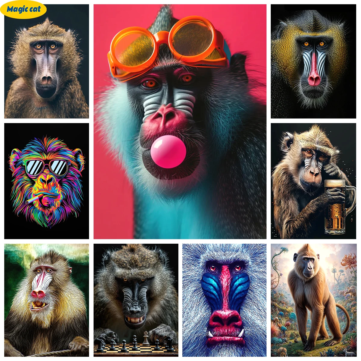 Funny Baboon 5D DIY Diamond Painting Abstract Animals Round/Square Diamond Embroidery Art Simple Hand Room Home Decor
