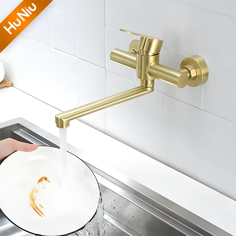 HuNiu Gold Кухонный смеситель из нержавеющей стали 304, настенный смеситель, смеситель для ванной комнаты, поворотные смесители, кухонный скрытый смеситель, черный Сантехника для кухни