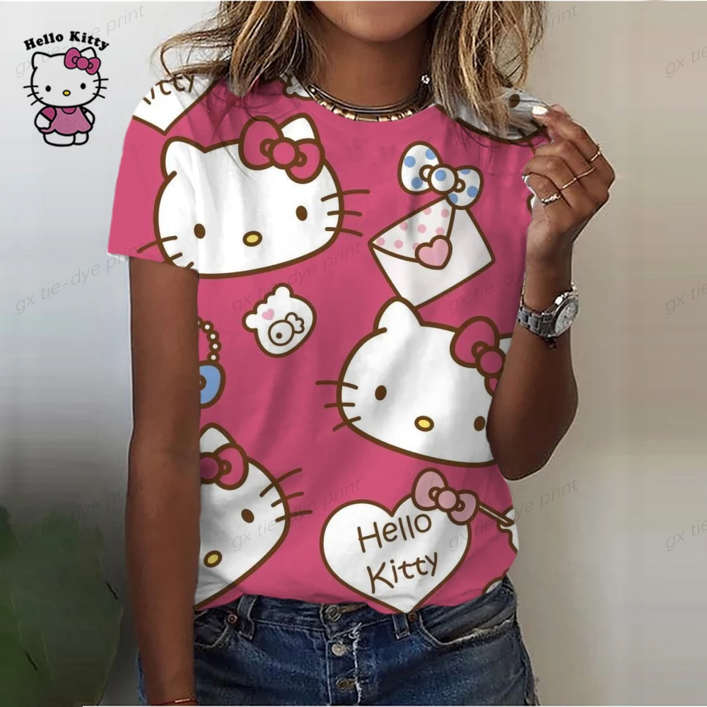 Фото 2023 Летняя женская футболка в стиле Харадзюку, футболки с принтом Hello Kitty, повседневные блузки, повседневные пуловеры, женская футболка, дизайнерская уличная одежда №3