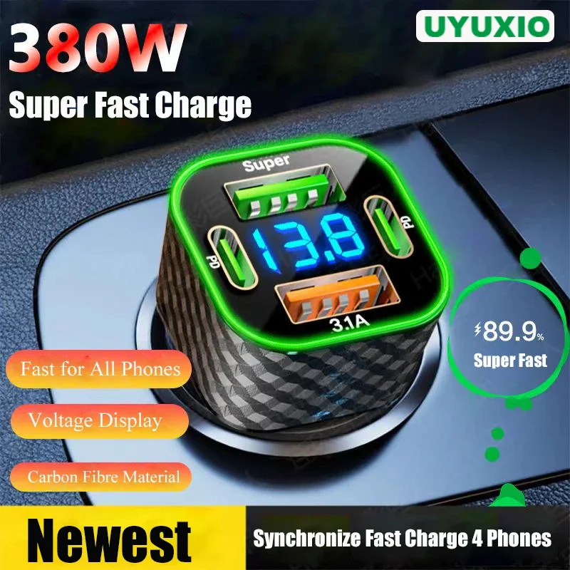 Автомобильное зарядное устройство UYUXIO 4 в 1, USB C, двойное PD, дисплей напряжения, Сверхбыстрая зарядка, адаптер для iPhone, Xiaomi, Oppo, Vivo, Samsung