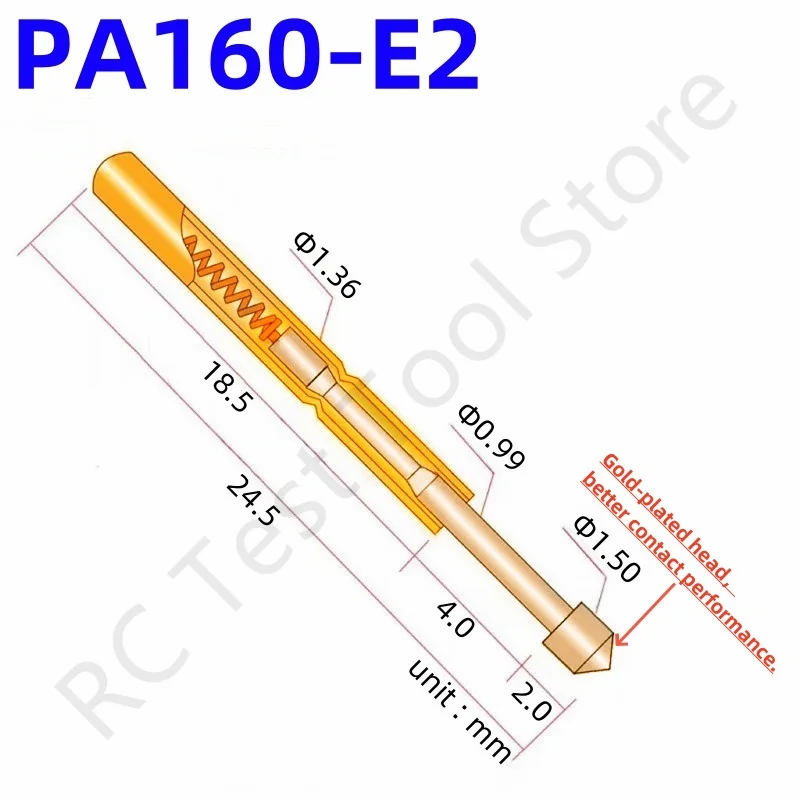 100 шт./пакет PA160-E2 Пружинный тестовый зонд Длина 24,5 мм Диаметр 1,36 мм Металлическая латунь Домашний прочный и удобный зонд