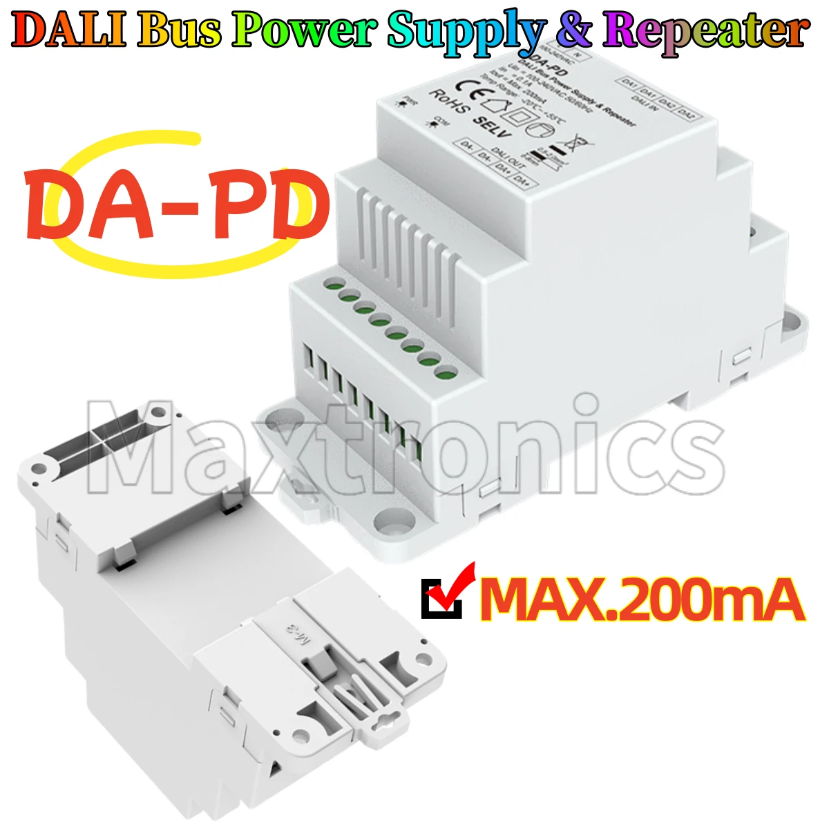 НОВЫЙ источник питания и повторитель шины DALI MAX200mA DA-PD 100-240 В переменного тока Монтаж на DIN-рейку DALI Длина линии 300–1200 м DALI Main (макс. 300 м) Аксессуары для освещения