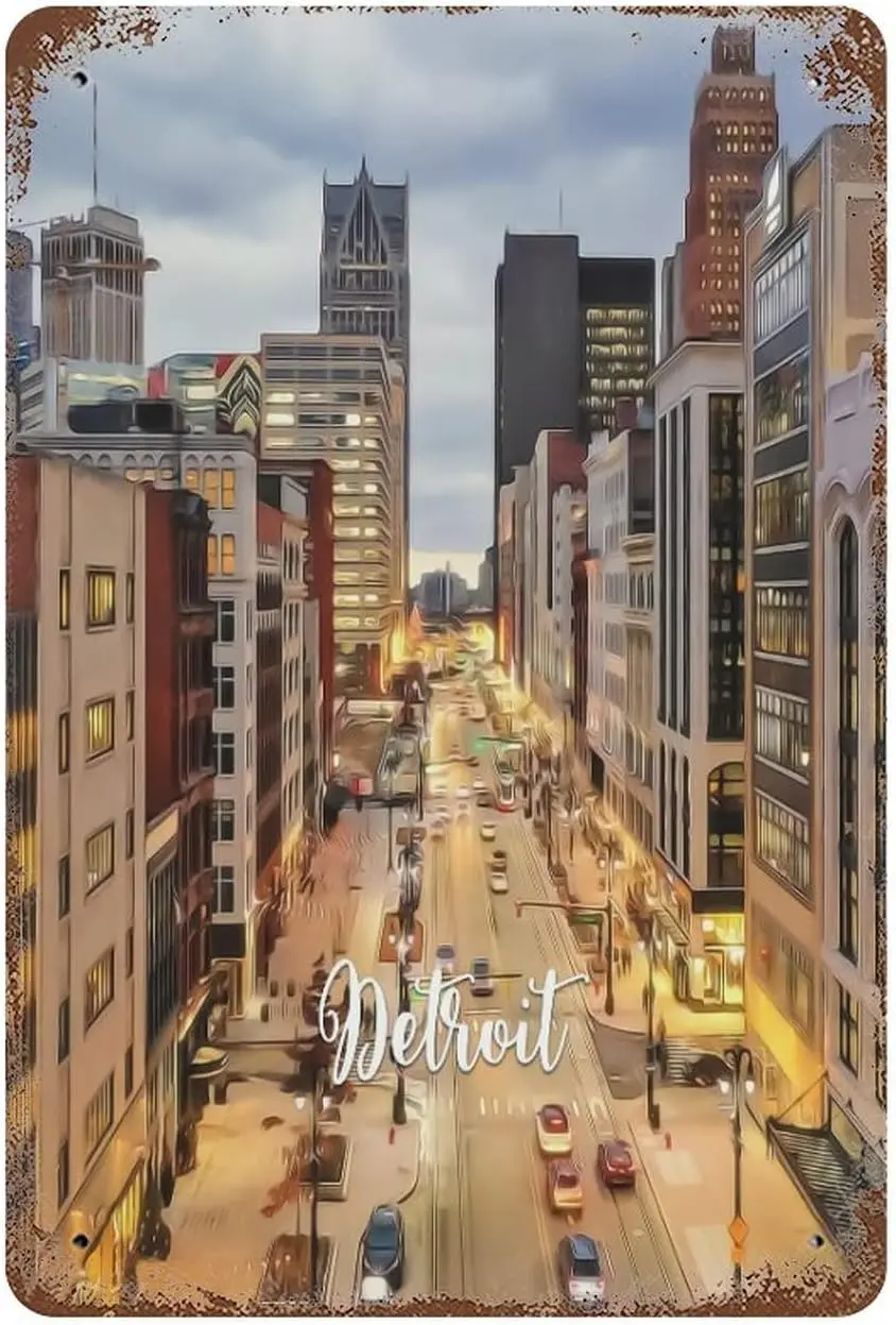 Металлические вывески на заказ, уличные металлические вывески Detroit City Scene, пейзажные произведения искусства, современные винтажные металлические жестяные вывески 8x12 дюймов для гаража M