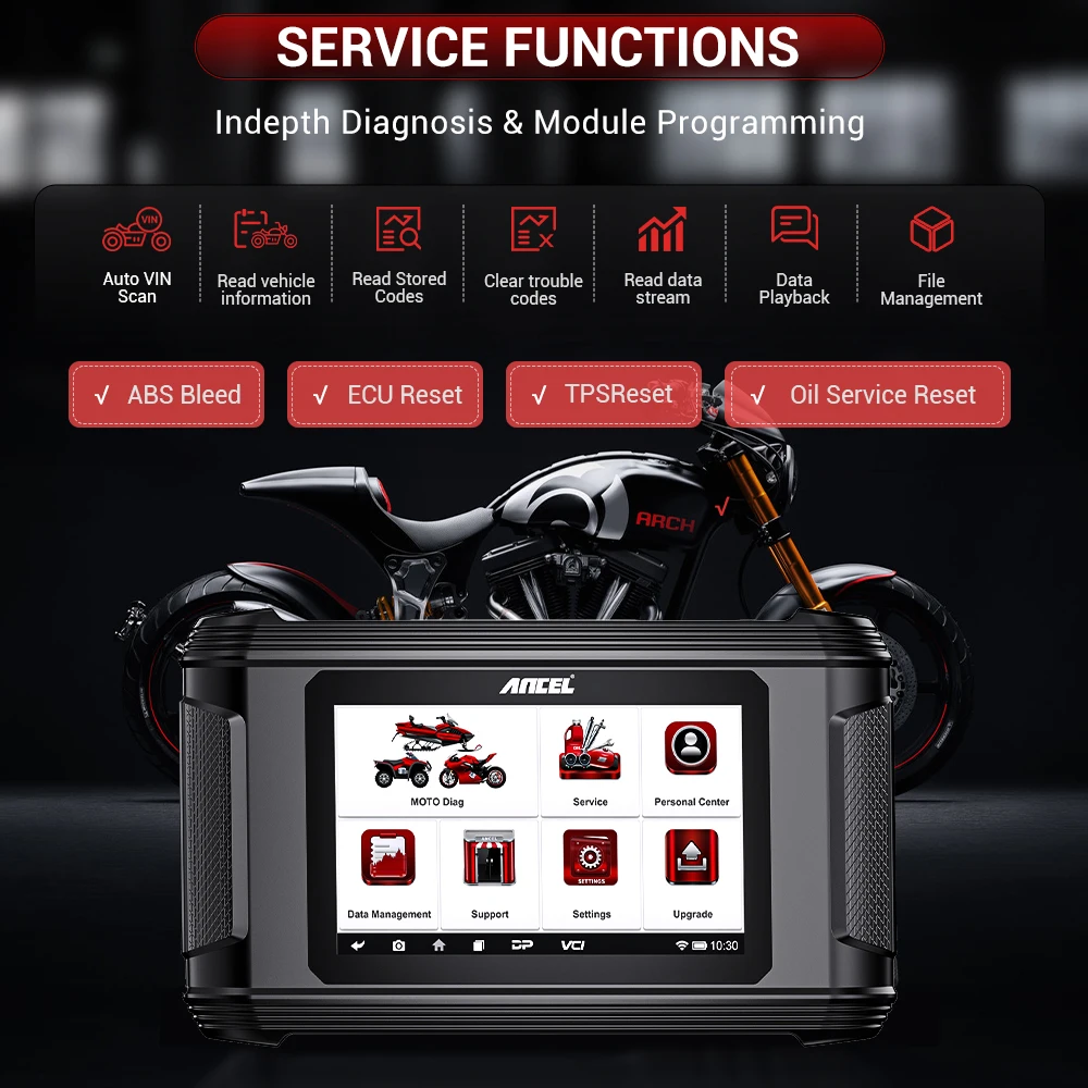 Фото Сканер мотоциклов ANCEL MT510 2025 для BWM/DUCATI/HARLEY ECU Сброс масла ABS Bleeding Moto сканер Все системы считыватель кодов №2