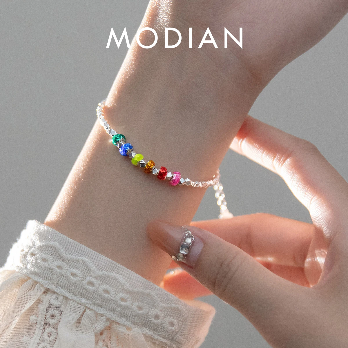 MODIAN 925 Стерлинговое Серебро радужного цвета эмалированный шар базовый браслет Платиновое Покрытие Изящные Ювелирные изделия для женщин Подарки на годовщину