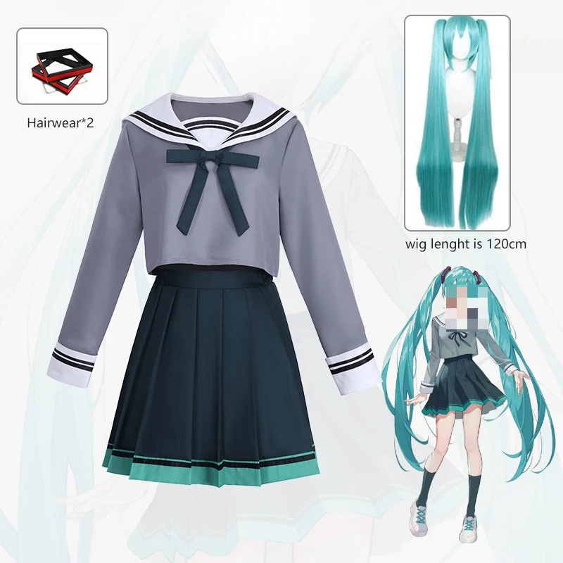 В НАЛИЧИИ Miku Косплей JK Платье Аниме Hatsunnee Mikuu Косплей Зеленый Парик Головные Уборы Хэллоуин Вечерние Наряды для Женщин S-3XL
