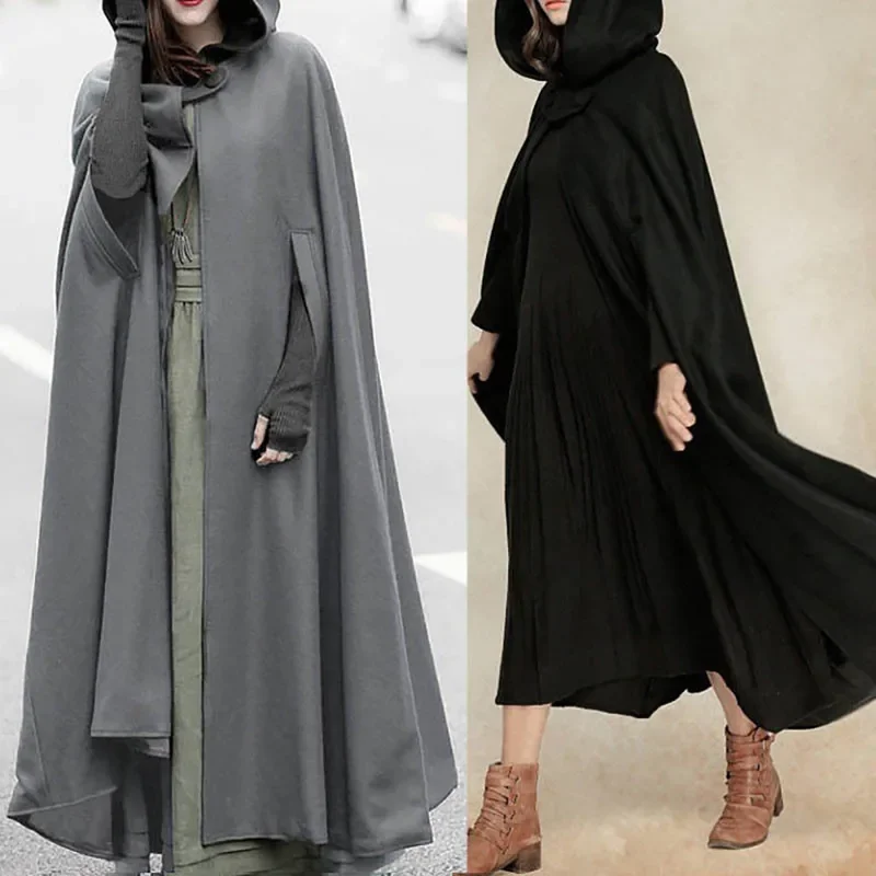 Фото ZANZEA Women Poncho Winter Hooded Open Front Cloak Loose Solid Long Coat Hoodies Cosplay Outwear Christmas Casual Cape №2