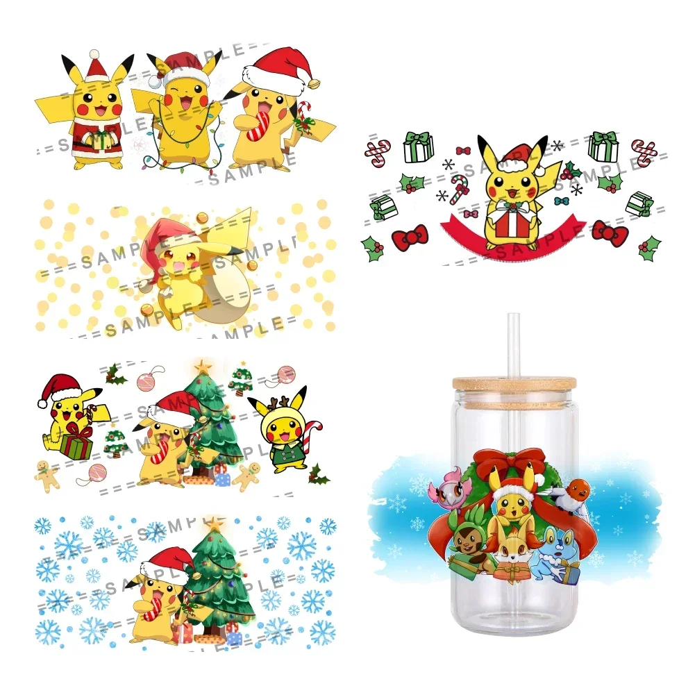 Фото Рождественские японские мультфильмы Pokemon UV DTF Transfer Sticker Водонепроницаемые переводные наклейки для стеклянных чашек 16 унций, наклейки №2