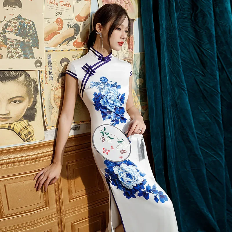 Blue and White Peony Positioning Flower Double-layer Long Cheongsam 2025 New Women's Fashion Show Qipao Dress