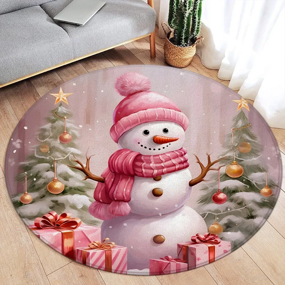 Cute Snowman Round Carpet Winter Forest Xmas Tree Gift Elk Christmas Rugs Home Living Room Sofa Bedroom Decorative Floor Mats