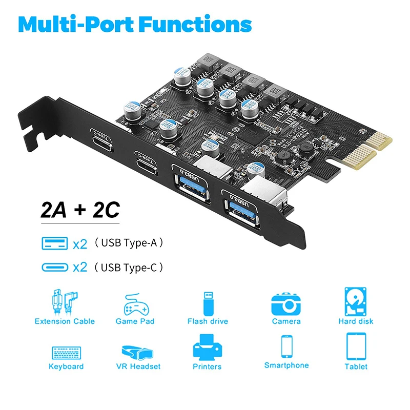 Карта PCI Express, 2 порта USBA/USBC, 5 Гбит/с, USB3.2 Gen1, USB3.0, расширение карты PCIE, адаптер для Windows/MacOS/Linux