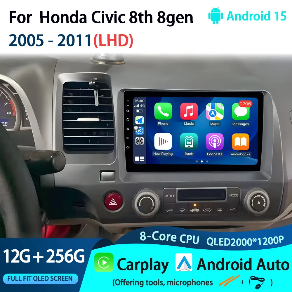 Android 15 Автомобильная стереосистема android auto для Honda Civic 8th 8gen 2005 2006 2007 2008 2009 2010 2011 мультимедийный беспроводной Carplay