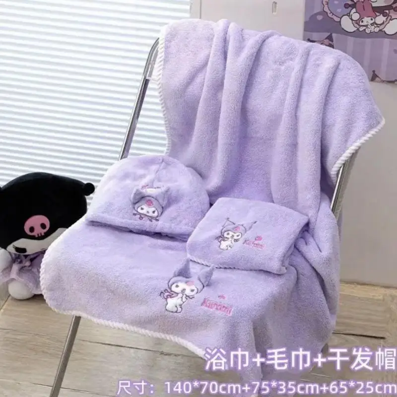 Фото Sanrio детские банные юбки из трех частей Kuromi модные банные юбки быстросохнущие шапки для сушки волос бытовые полотенца без выпадения волос №5