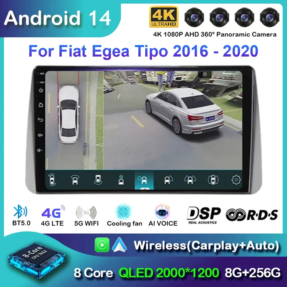 2K QLED Android 14 Автомобильный радиоприемник для Fiat Egea Tipo 2016-2020 Мультимедийный видеоплеер Навигация GPS 4G Carplay Авторадио WIFI 4G