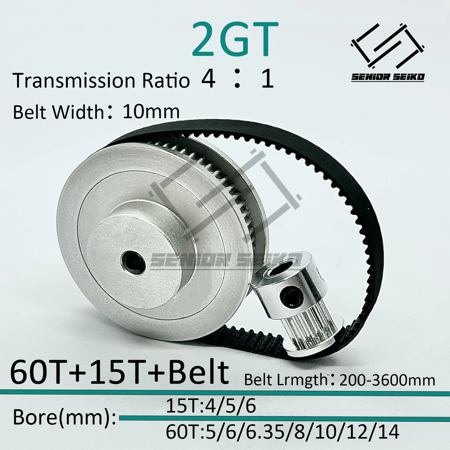 Комплект 2GT 2M 15 зубьев 60T GT2 60 зубьев 15T Комплект шкивов ремня ГРМ Ширина ремня 10 мм Отверстие 4 ~ 14 мм 4:1 Комплект синхронного шкива колеса
