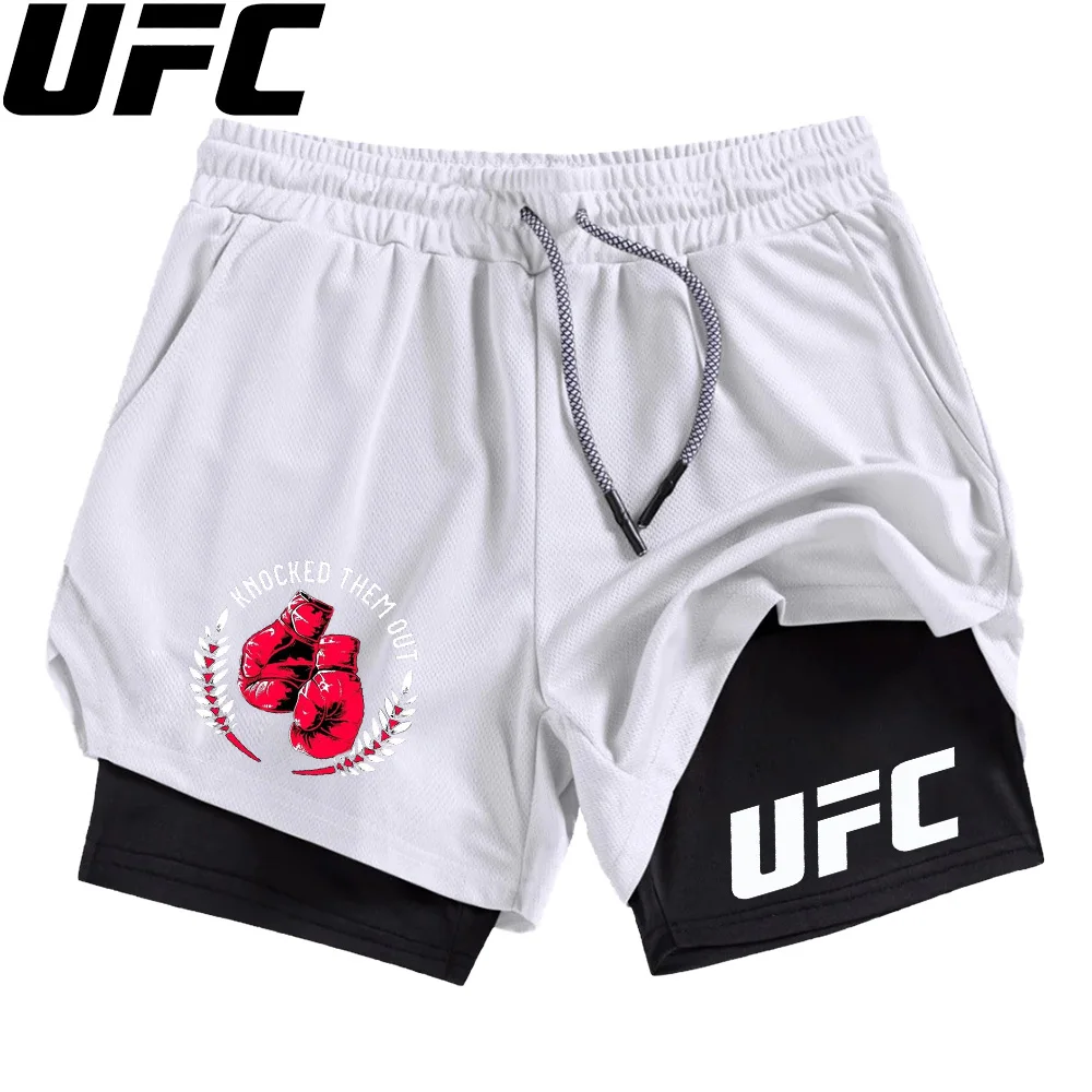 Фото UFC мужские шорты для бега, летняя спортивная одежда, двухслойные короткие штаны 2 в 1, тренировочная одежда для тренировок, мужские спортивные шорты для спортзала и фитнеса №2
