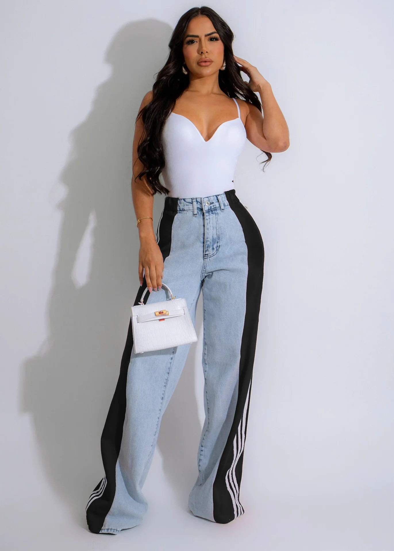 Фото Damskie spodnie jeansowe Summer Fashion Side Patchwork Striped Wide Leg Jeans Lady Casual High Waist Elastic Denim Straight Leg Pants №5