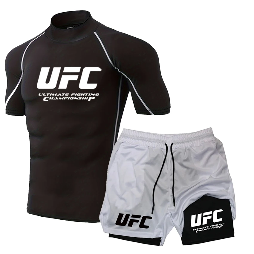 UFC MMA Футболка и шорты Комплект джиу-джитсу Рашгард Мужчины Bjj Муай Тай Трикотажные изделия с коротким рукавом Boxeo Одежда Спортивная рубашка Топы 2 в 1 Шорты