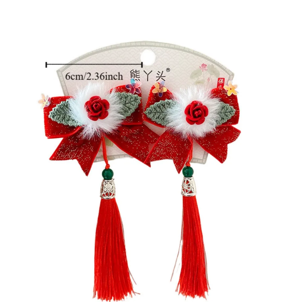 Фото Головной убор Hanfu, детская новогодняя заколка для волос, милый костюм Тан, красные заколки в китайском стиле, заколка для волос с кисточками и цветком в древнем стиле №4