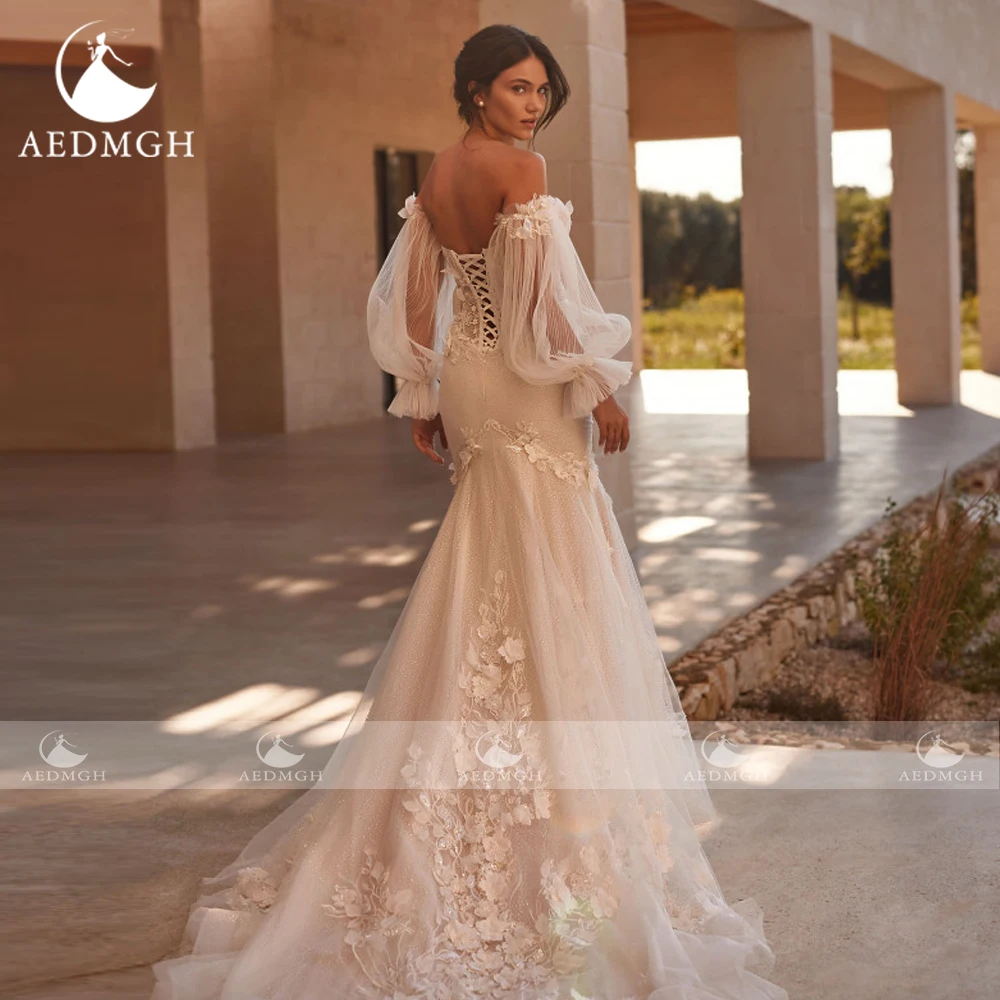 Фото Aedmgh Русалка Винтажные свадебные платья без бретелек с длинным рукавом Vestido De Novia Кружевные аппликации 3D цветы Свадебное платье на заказ №2