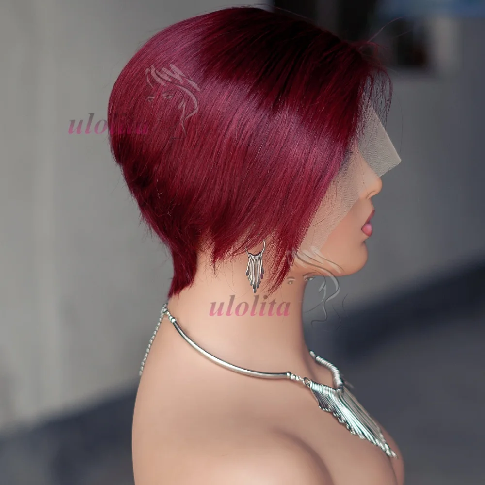 Фото Парик из натуральных волос Straight Pixie Cut 99j Бордовый Шоколадно-коричневый # 4Прямые короткие парики из натуральных волос, перуанские человеческие волосы, sans colle №3