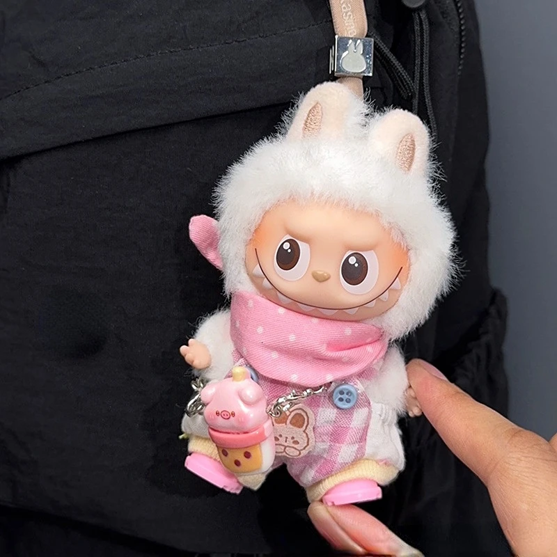 Комплект комбинезонов 4-го поколения Mini Labubu Heart Code, розовый нагрудник и клетчатый комбинезон, милый джинсовый наряд для виниловой куклы 10 см (только одежда) (art.: 3920d1f8128f3) - 3920d1f8128f3