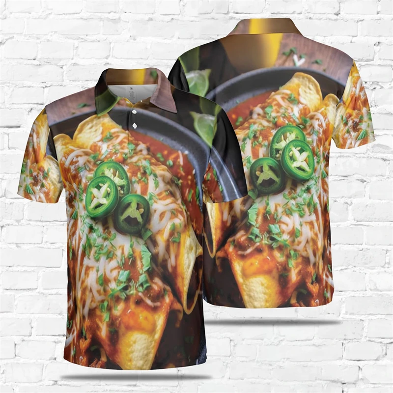 Фото Delicious Food 3D Print Polo Shirts For Men Clothes Harajuku Fashion Design Short Sleeve POLO Shirt Noodle Hamburger Pizza Tops №3
