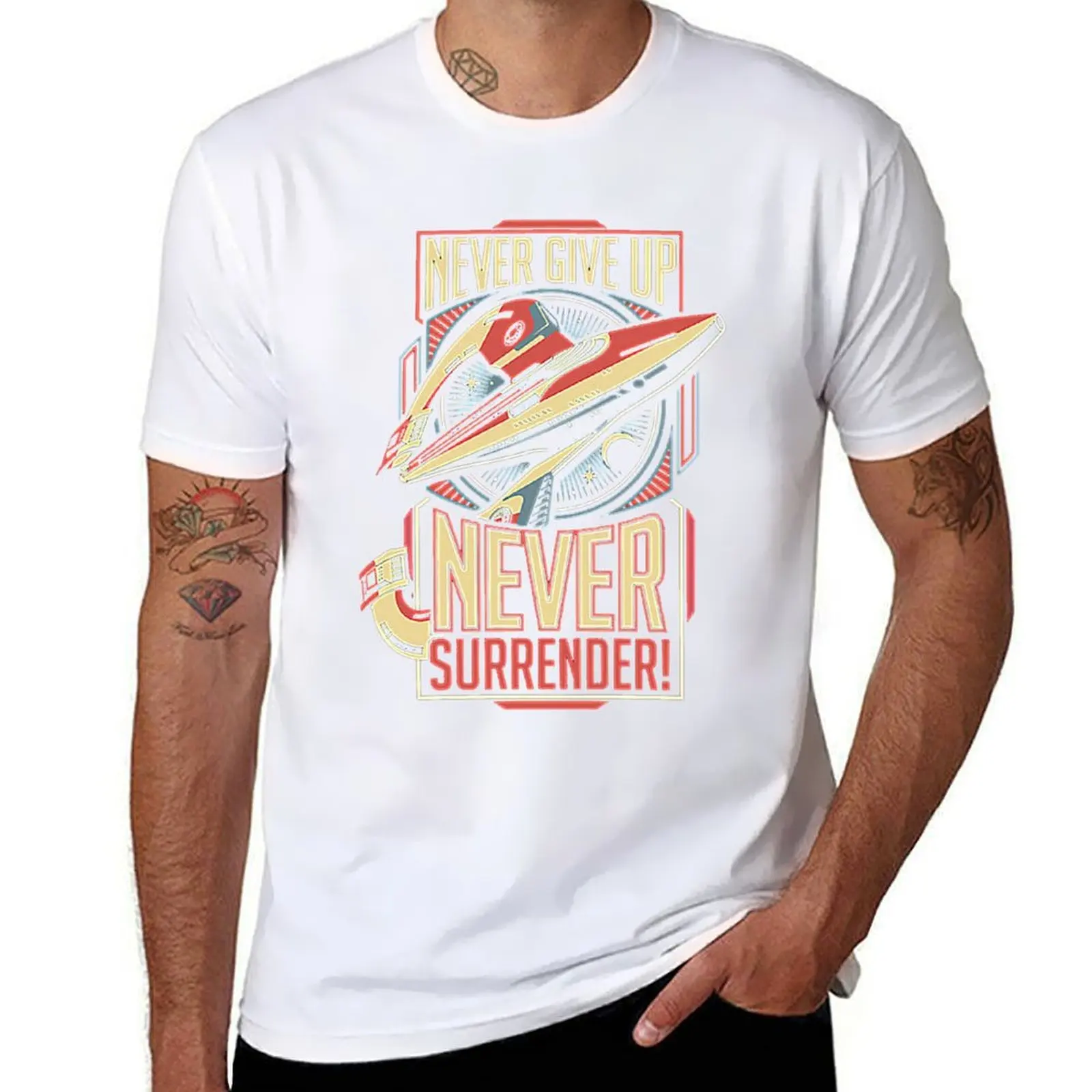 Винтажная футболка с цитатой Never Surrender в стиле ретро, мужская футболка из хлопка, футболка из 100% черного хлопка, простая мужская футболка в упаковке