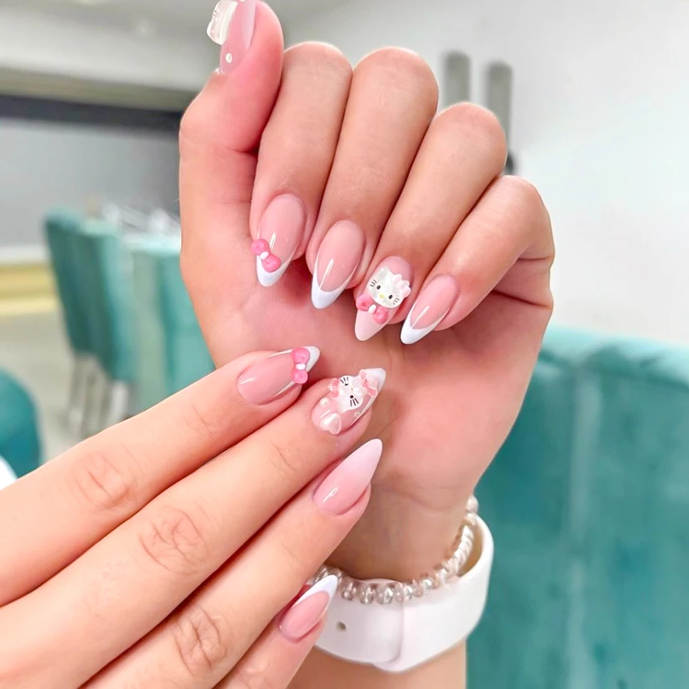 Фото 24 шт. Kawaii Pink Kitty Французские накладные ногти Короткие миндалевидные ногти Kitty Press On Nails Tip со смоляным бантом Kitty Y2k Маникюр Носимые ногти №2
