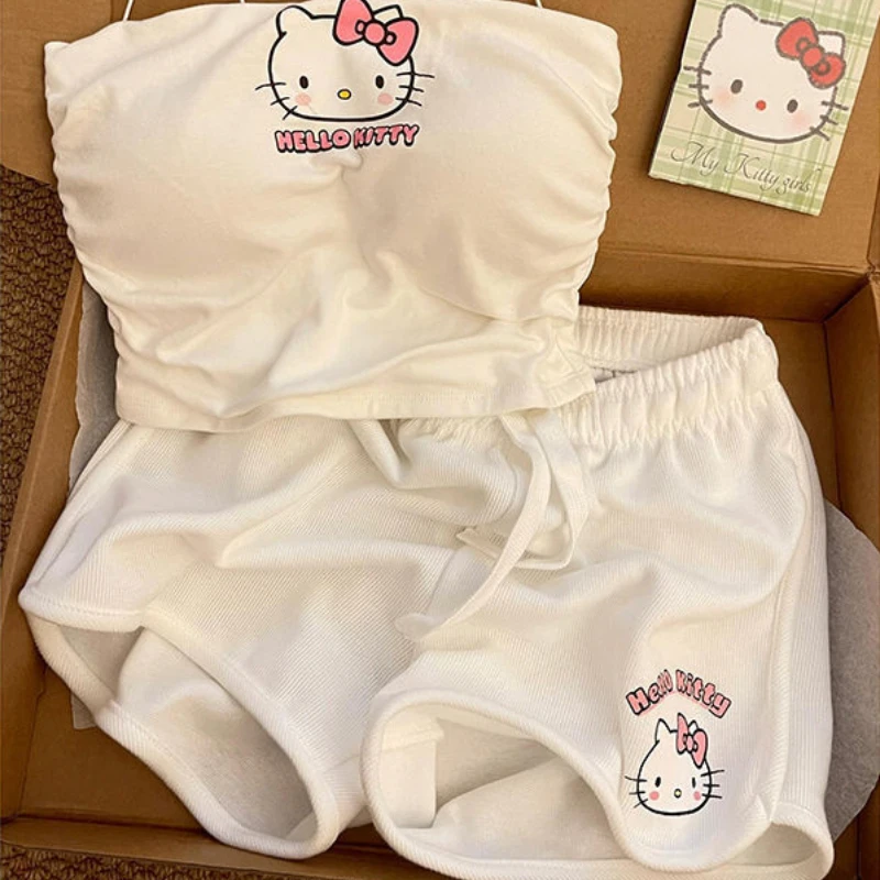 Sanrioed милый Hello Kitty женский пижамный комплект с нагрудной подушкой для девушек тонкая домашняя одежда