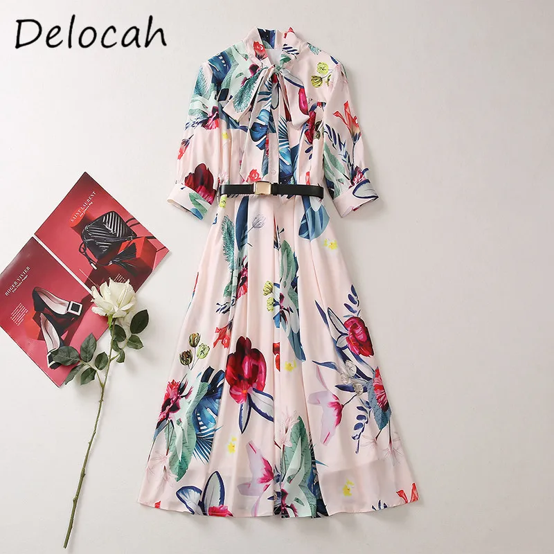 Фото Deloach модное женское высококачественное однобортное однобортное платье с воротником-стойкой и бантом с цветочным принтом и половиной рукава, элегантное большое свободное платье №2